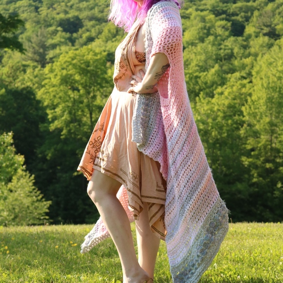 Bohemian Pastel Rainbow Crochet Midi Vest Jacket - Picture 6 of 8